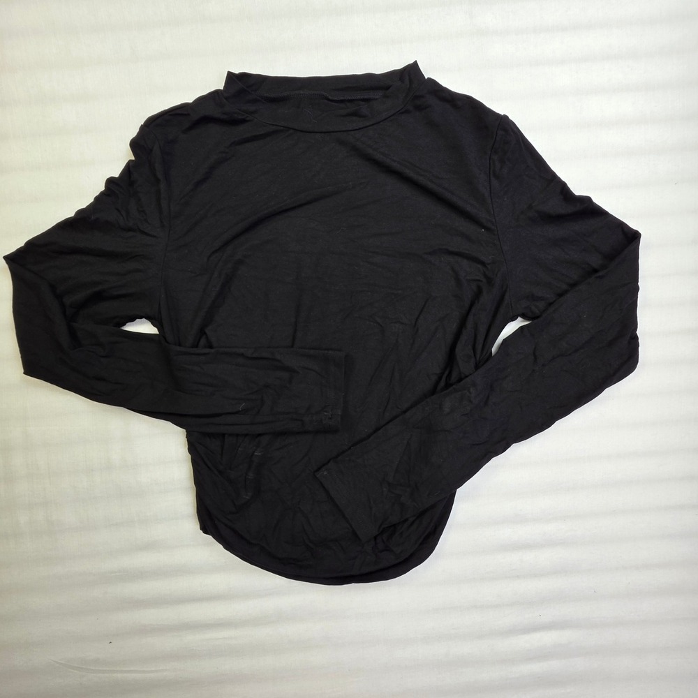Halara Black Ruched Side Mock Neck Long Sleeve Top Size M Curved Hem
